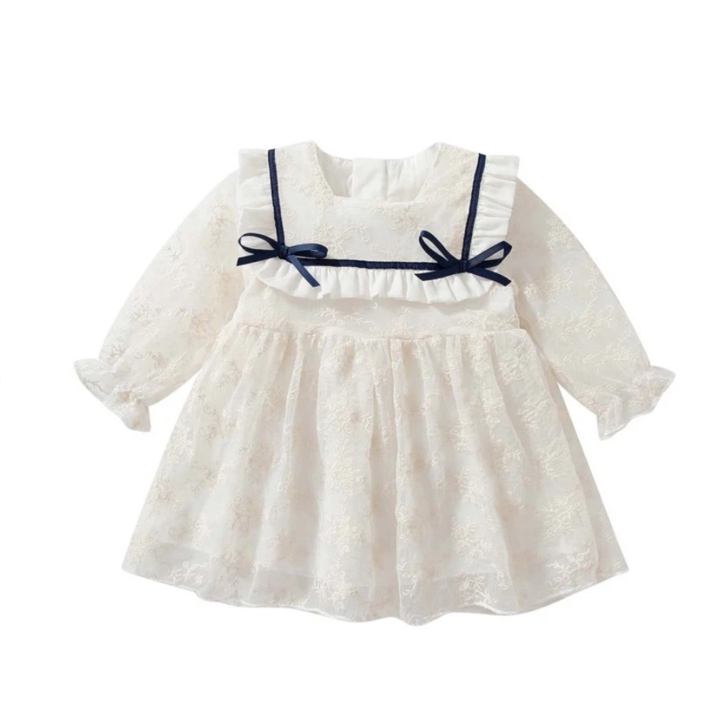 Baby ruffle trim flounce sleeve bow front dress
